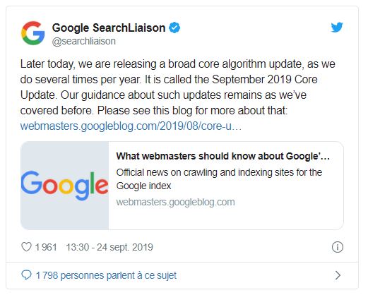Google mise a jour algorithme September 2019 Core Update